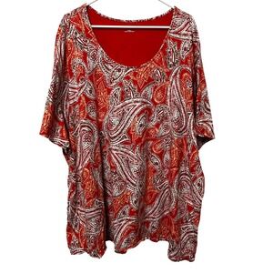 Catherines 4X Red Paisley Print Scoop Neck Short Sleeve Cotton Modal Top 30/32W